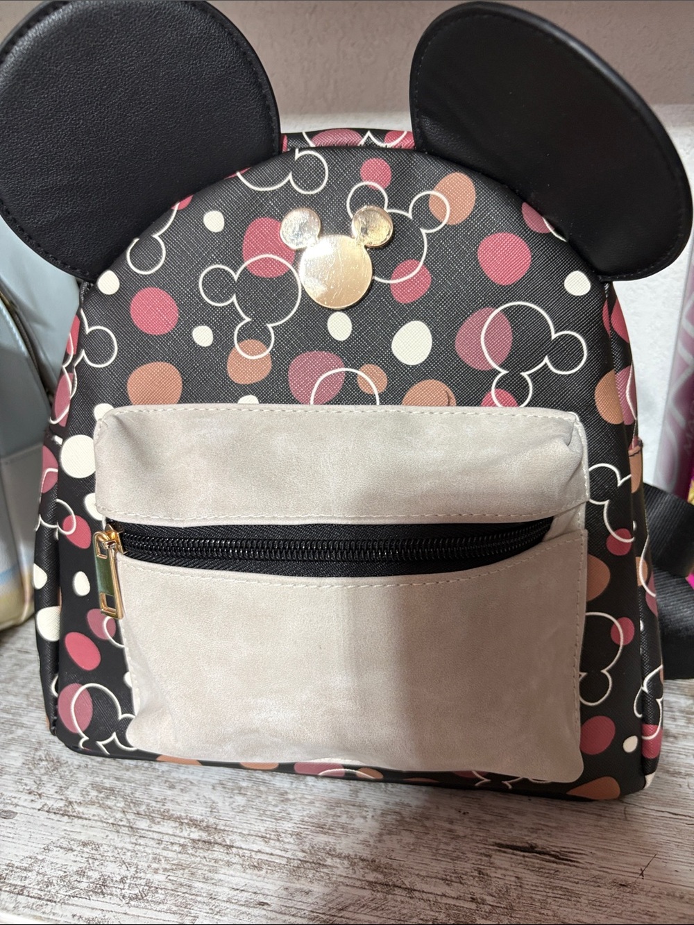 Disney-Inspired Black Polka Dot Mini Backpack with Beige Pocket